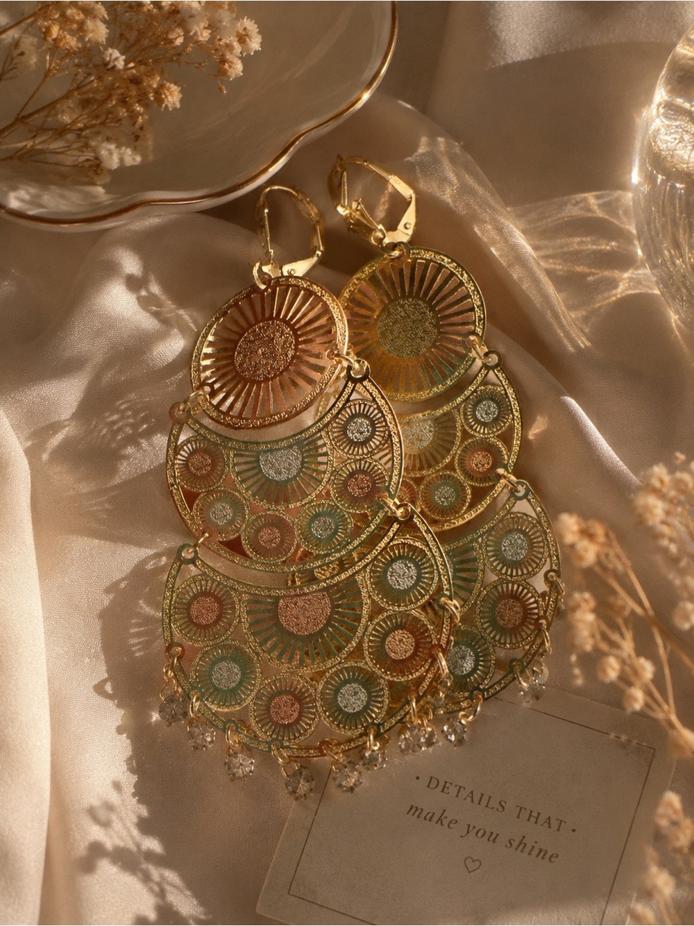 Gold Sunburst Multi-Tone Filigree Drop Earrings